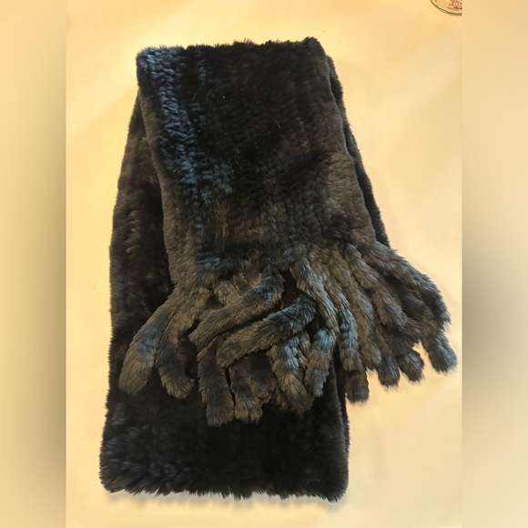 Tory Burch Rabbit Fur Fringe Scarf BLACK 72” - Picture 2 of 3